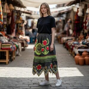 Sakau Womens Embroidered Midi Skirt S Blk Cotton Floral Scalloped Luau Tropical